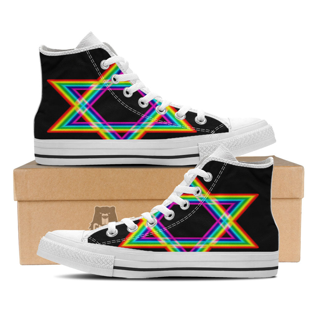 Star Of David Rainbow Print White High Top Shoes-grizzshop