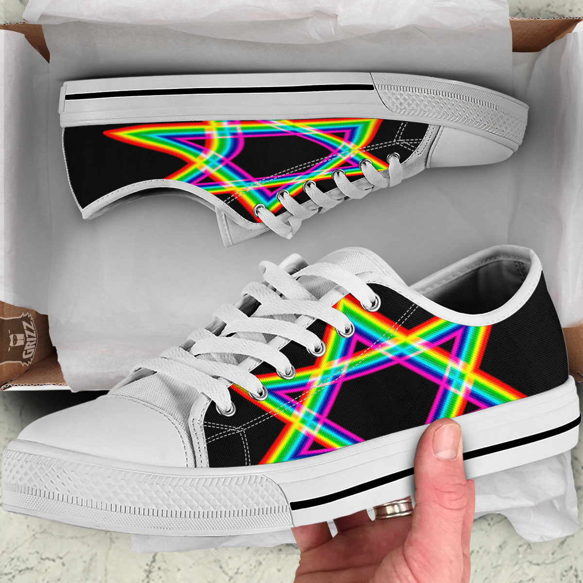 Star Of David Rainbow Print White Low Top Shoes-grizzshop