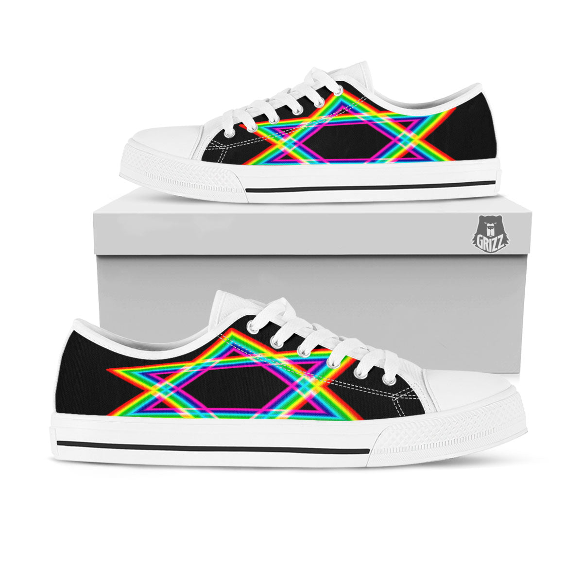 Star Of David Rainbow Print White Low Top Shoes-grizzshop