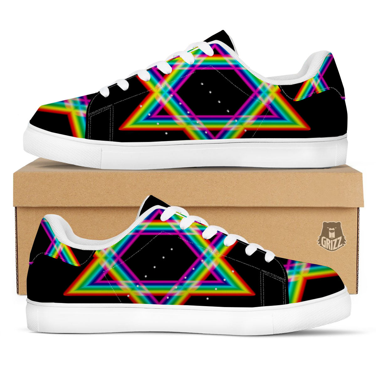 Star Of David Rainbow Print White Low Top Sneakers-grizzshop