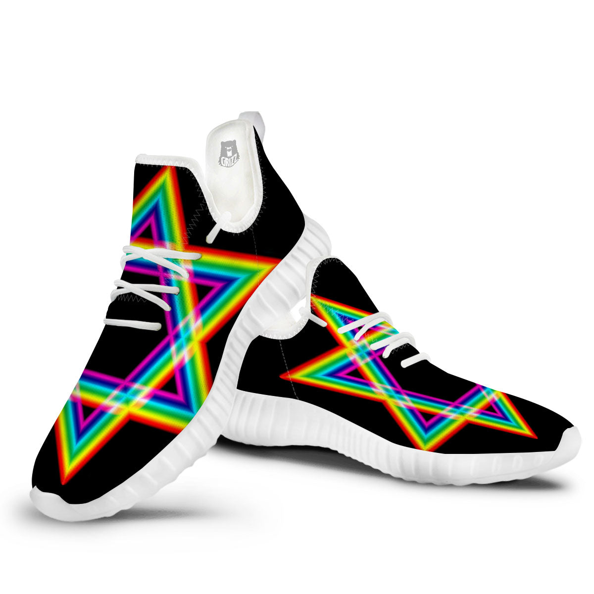 Star Of David Rainbow Print White Walking Shoes-grizzshop