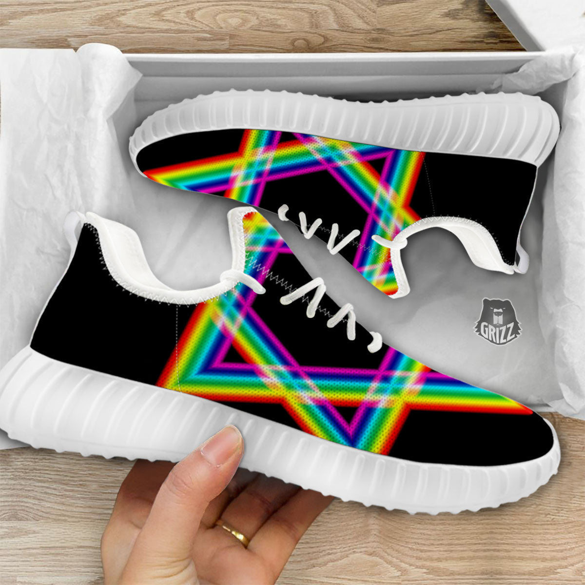 Star Of David Rainbow Print White Walking Shoes-grizzshop