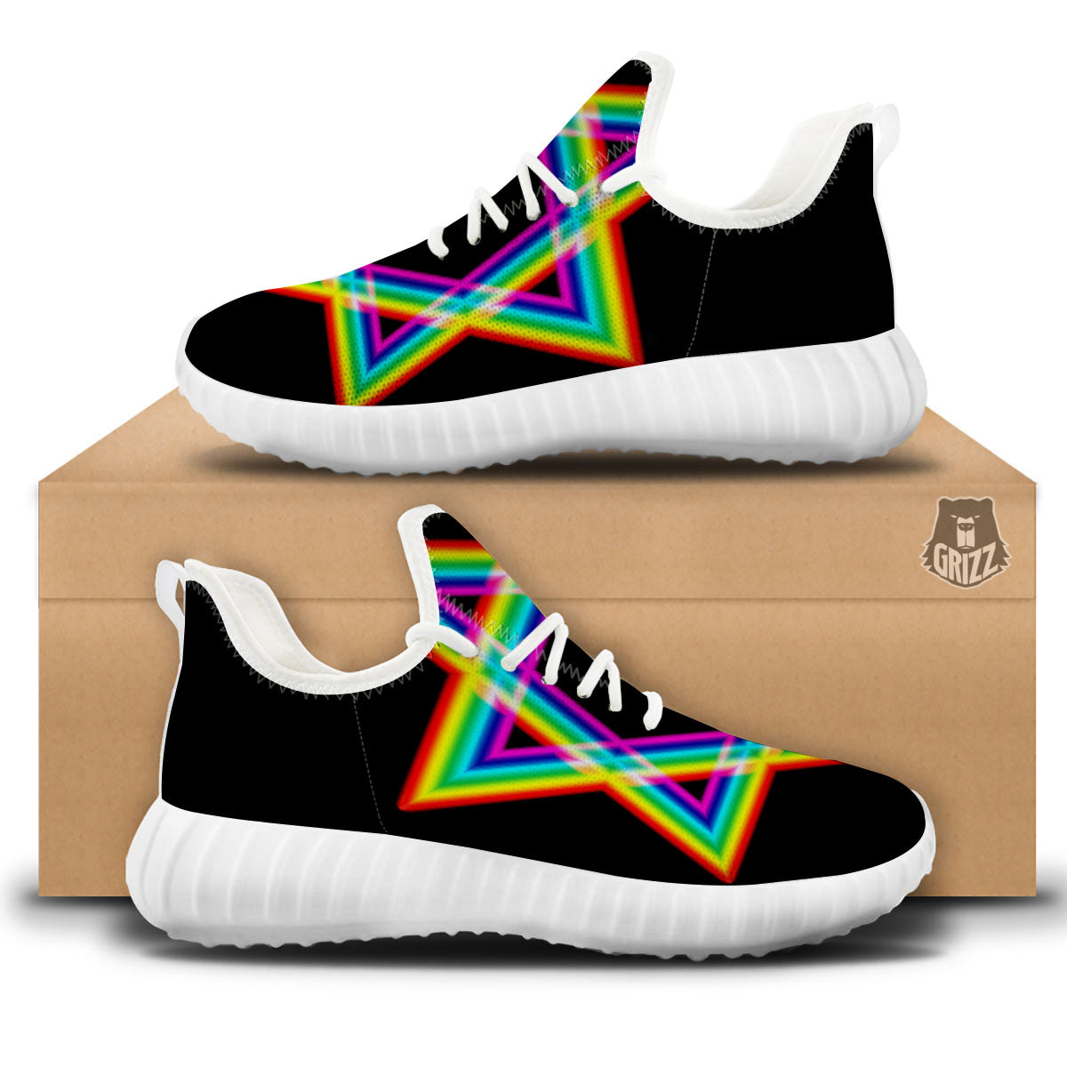 Star Of David Rainbow Print White Walking Shoes-grizzshop