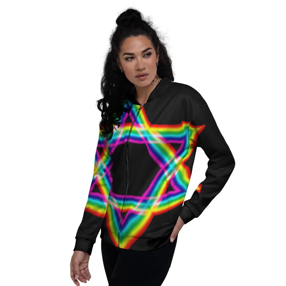 Star Of David Rainbow Print Women's Bomber Jacket-grizzshop