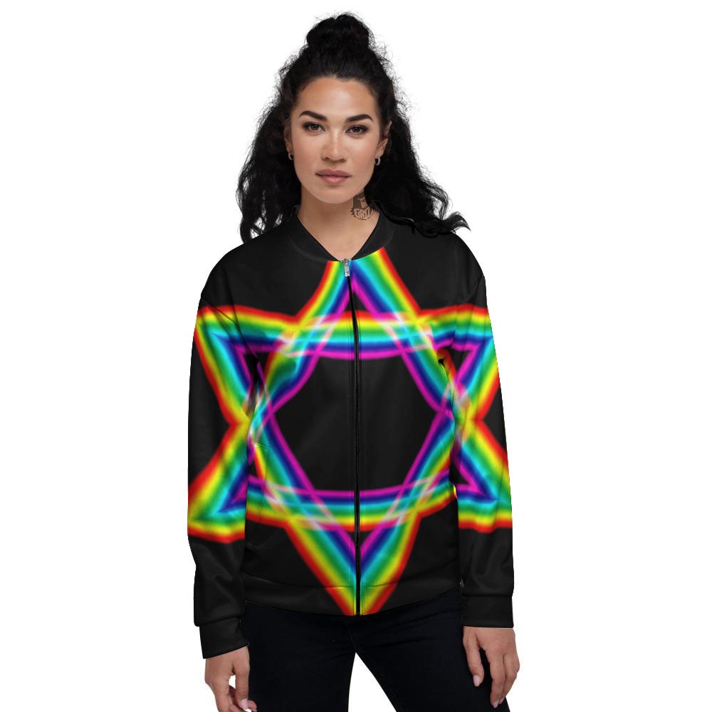 Star Of David Rainbow Print Women's Bomber Jacket-grizzshop