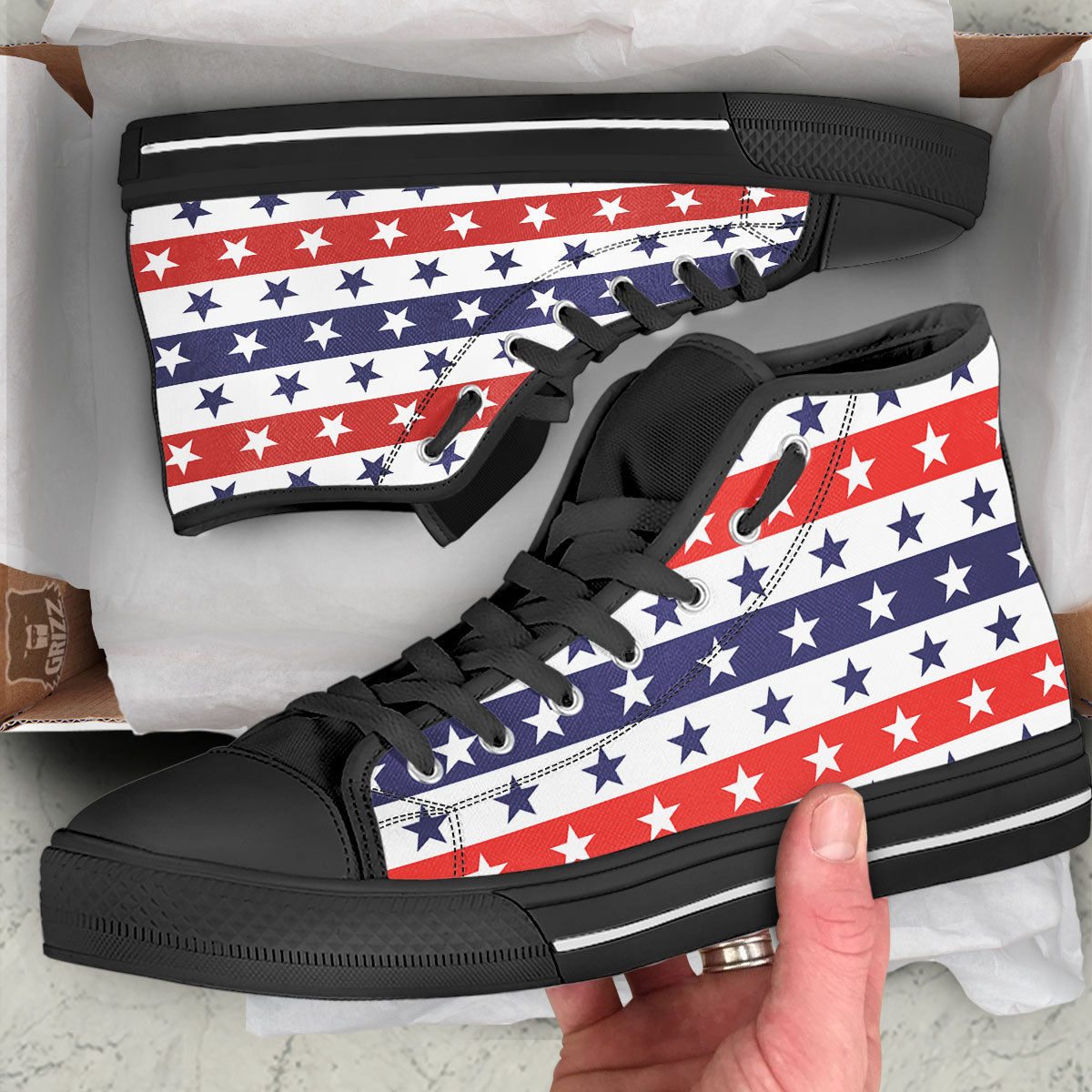 Star USA Patriotic Print Pattern Black High Top Shoes-grizzshop