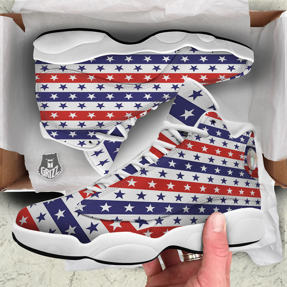 Star USA Patriotic Print Pattern White Basketball Shoes-grizzshop