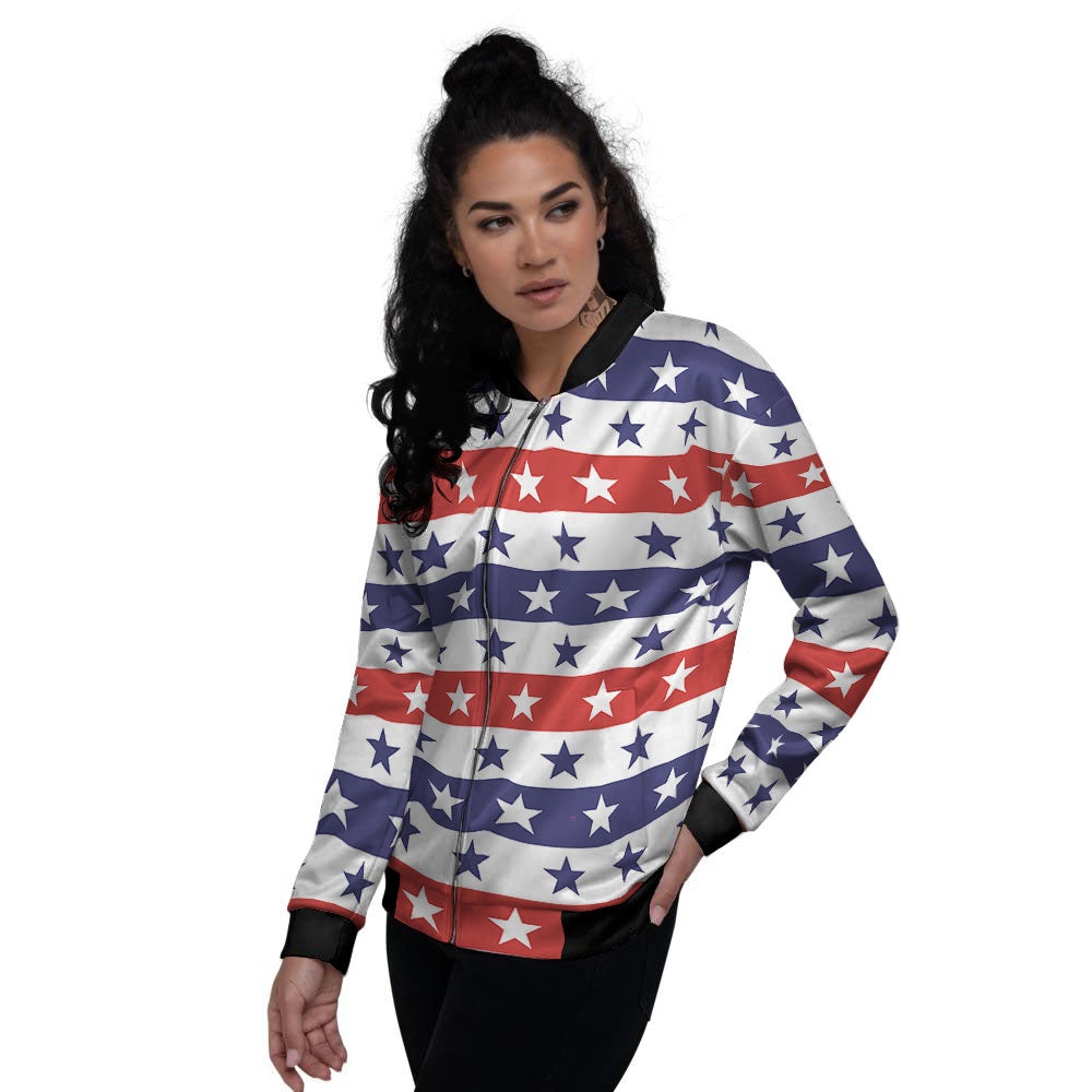 Star USA Patriotic Print Pattern Women's Bomber Jacket-grizzshop