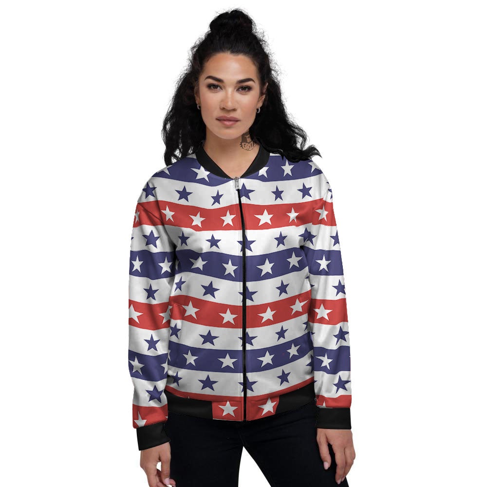 Star USA Patriotic Print Pattern Women's Bomber Jacket-grizzshop