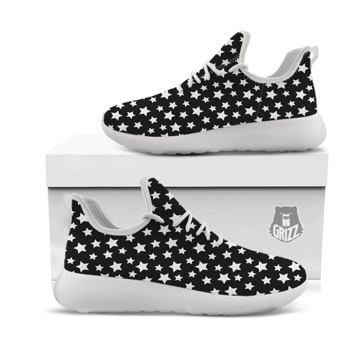 Star White And Black Print Pattern White Athletic Shoes-grizzshop