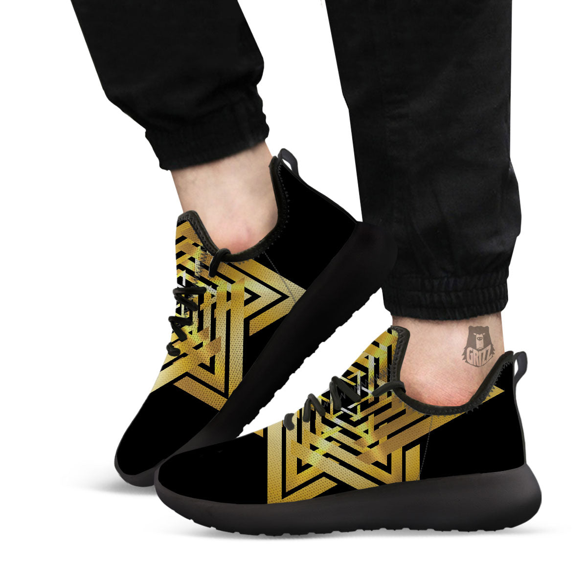 Star of David Gold And Black Print Black Athletic Shoes-grizzshop