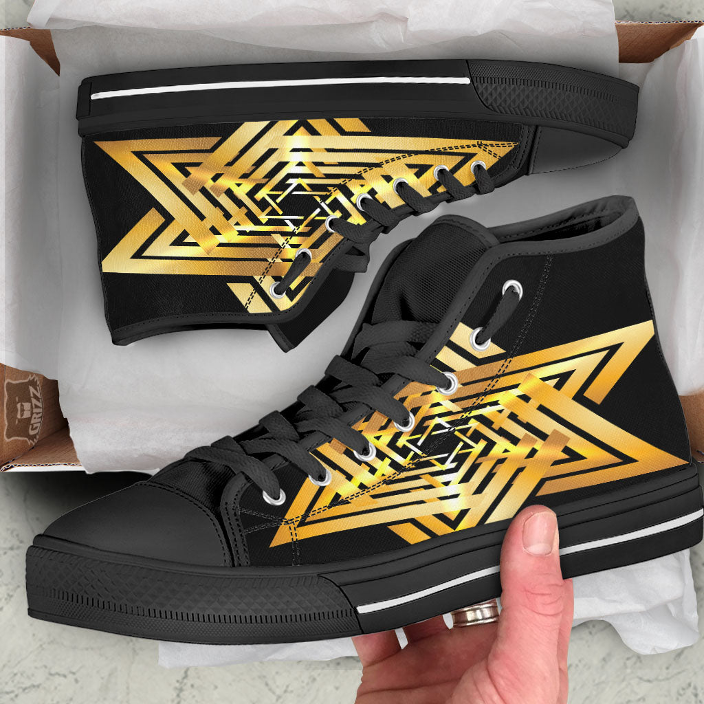 Star of David Gold And Black Print Black High Top Shoes-grizzshop