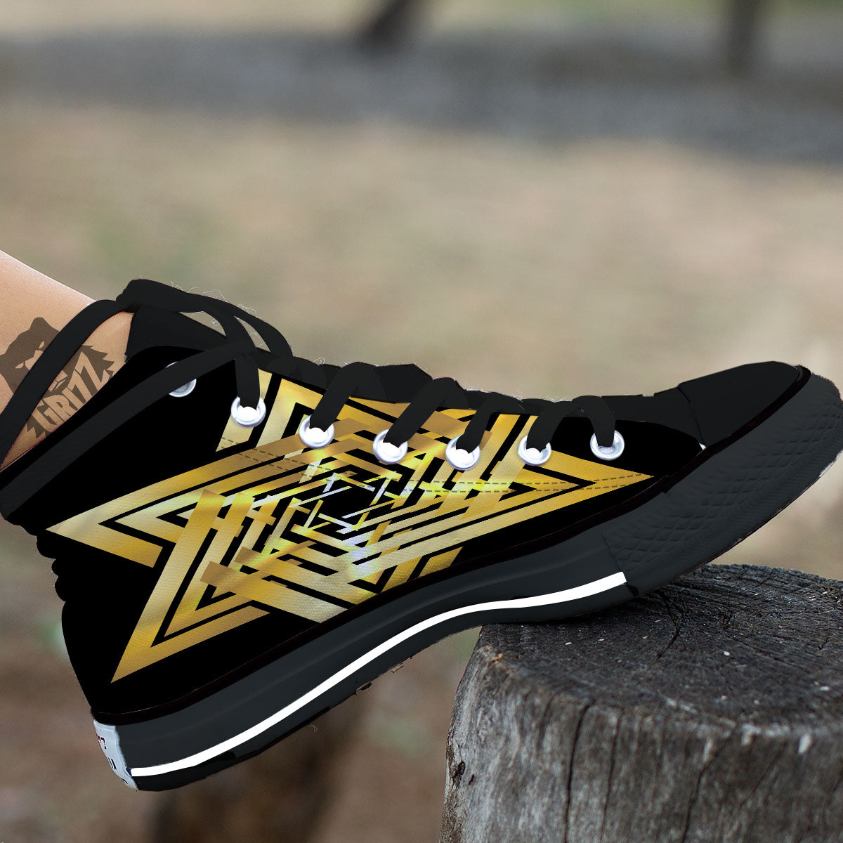 Star of David Gold And Black Print Black High Top Shoes-grizzshop