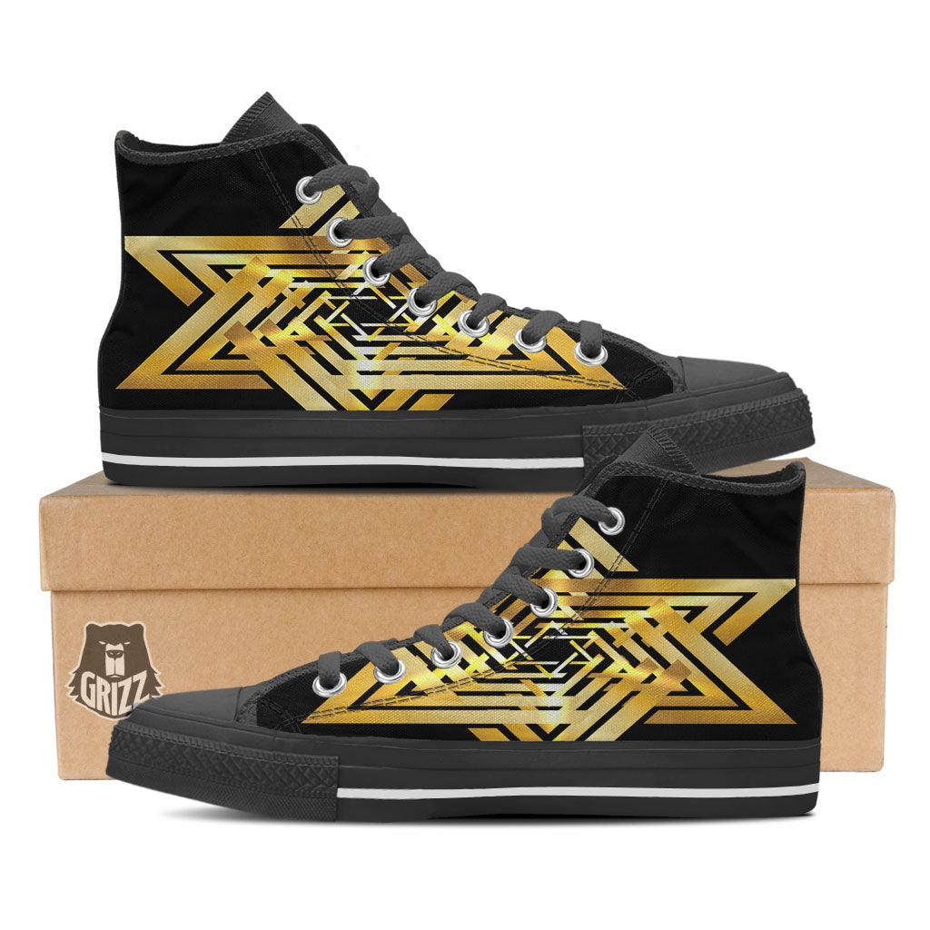 Star of David Gold And Black Print Black High Top Shoes-grizzshop