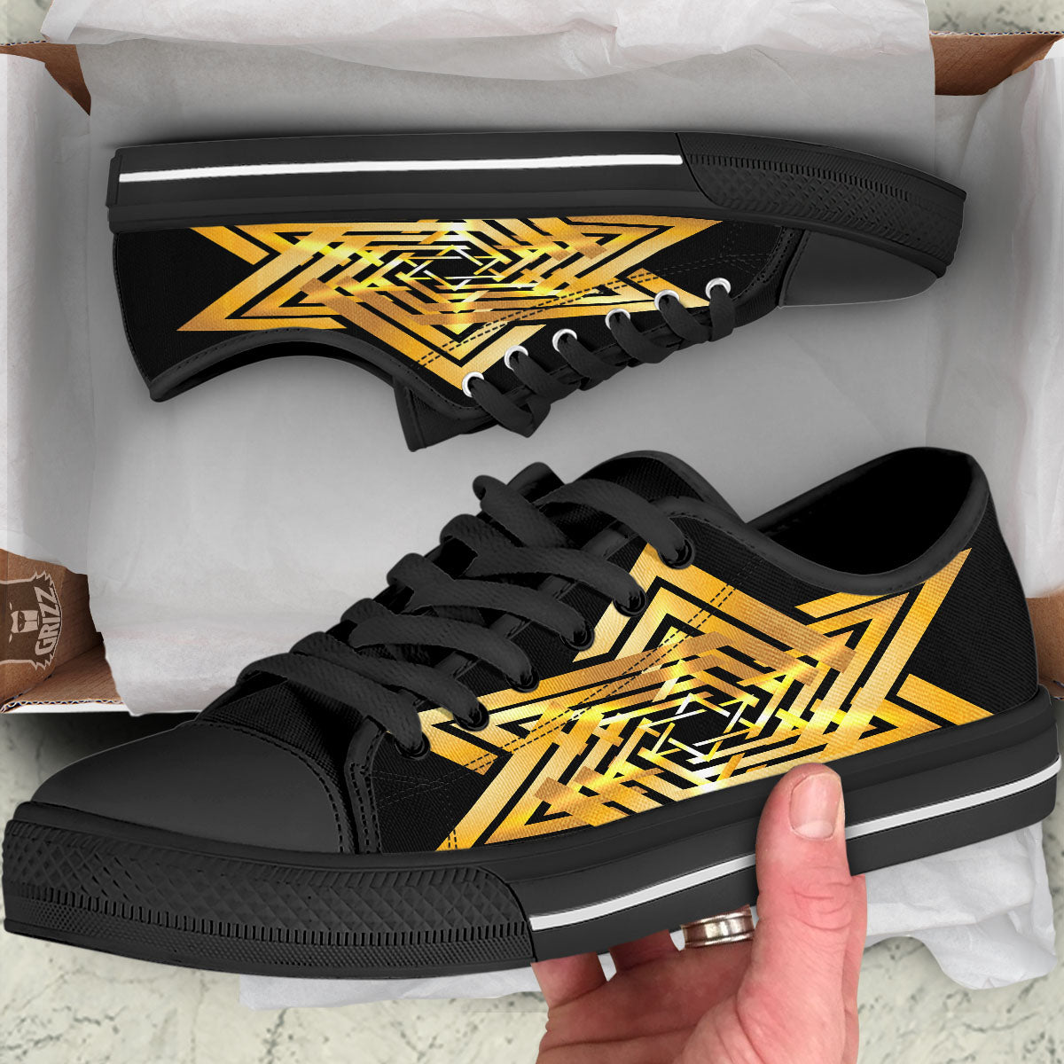 Star of David Gold And Black Print Black Low Top Shoes-grizzshop
