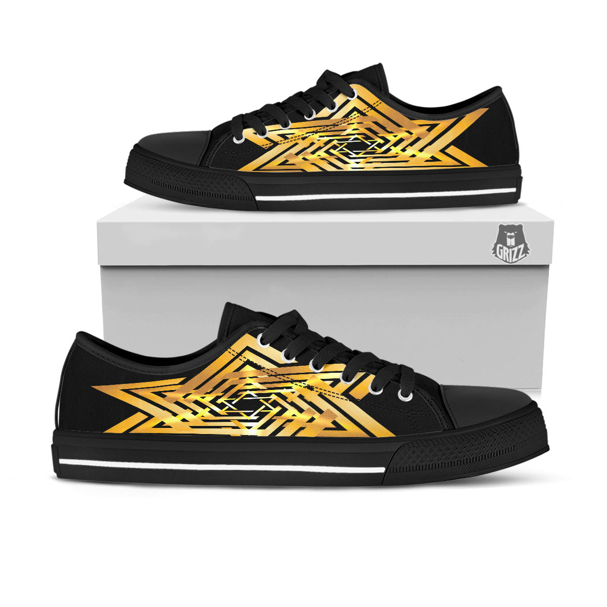 Star of David Gold And Black Print Black Low Top Shoes-grizzshop