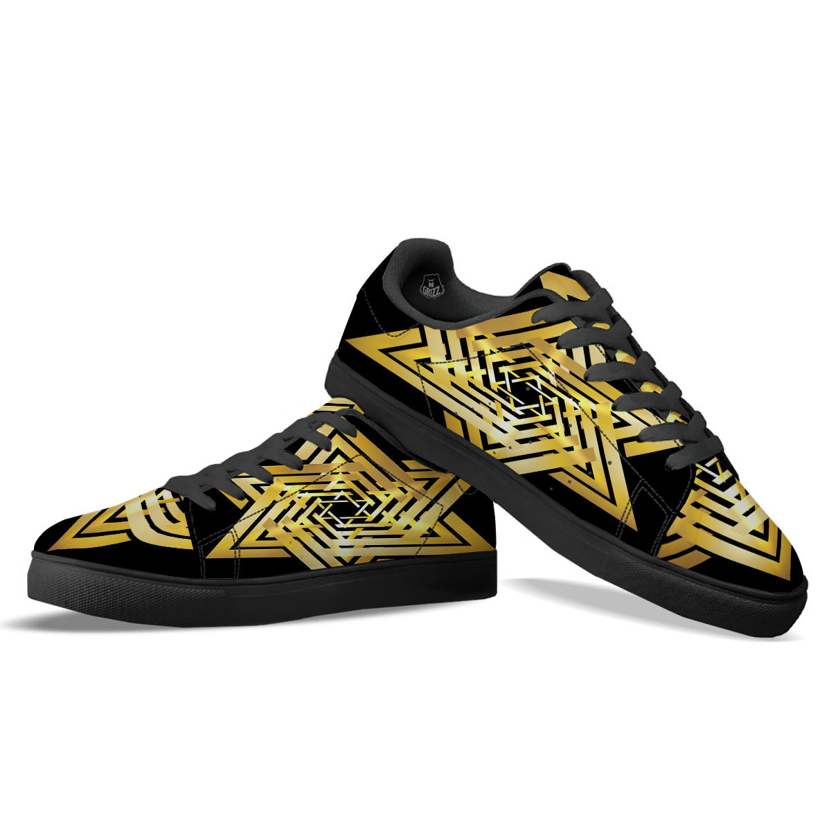 Star of David Gold And Black Print Black Low Top Sneakers-grizzshop