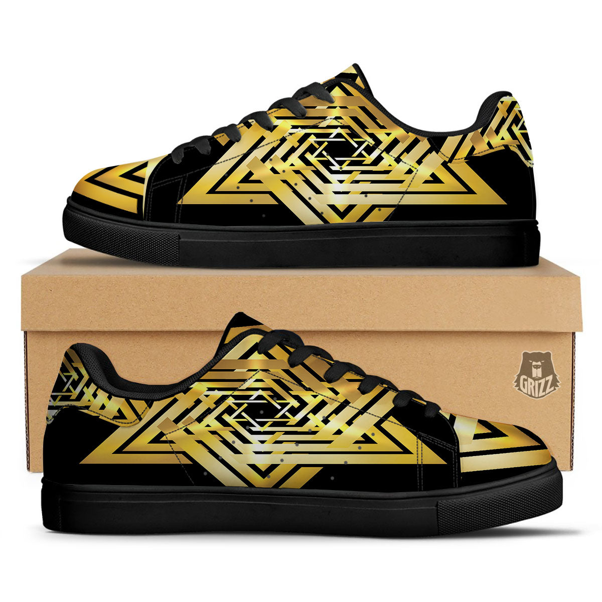 Star of David Gold And Black Print Black Low Top Sneakers-grizzshop