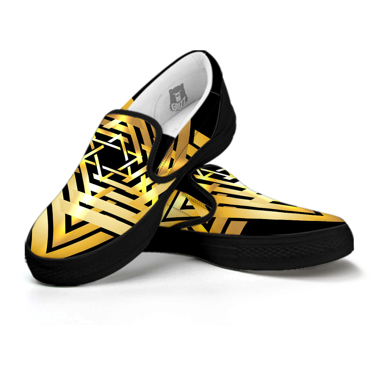 Star of David Gold And Black Print Black Slip On Shoes-grizzshop