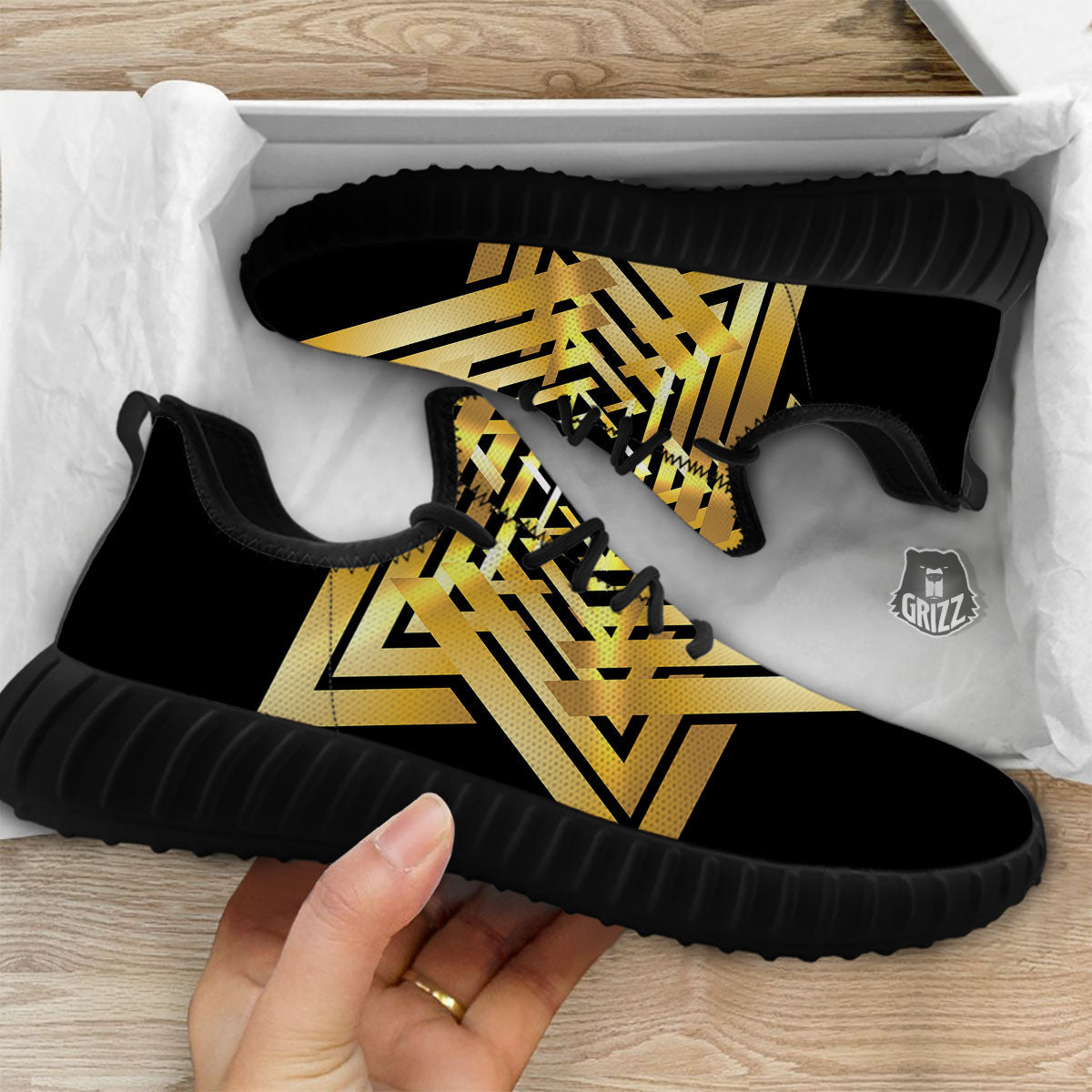 Star of David Gold And Black Print Black Walking Shoes-grizzshop