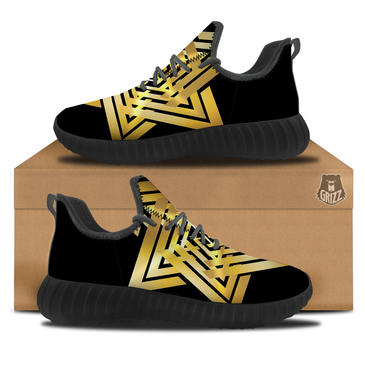 Star of David Gold And Black Print Black Walking Shoes-grizzshop