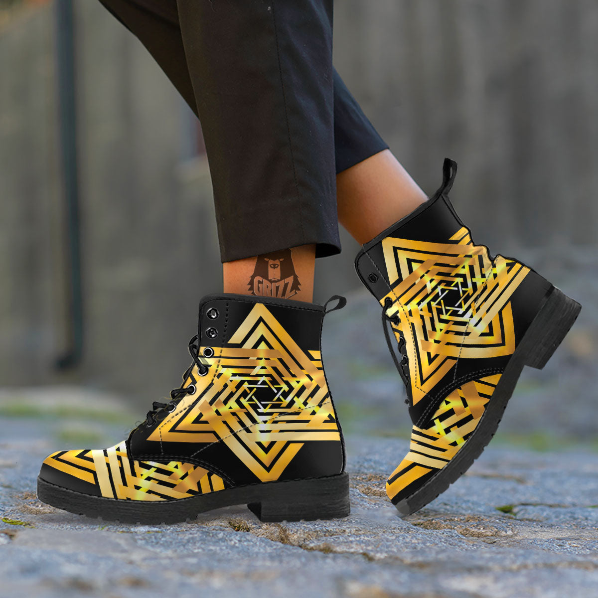 Star of David Gold And Black Print Leather Boots-grizzshop