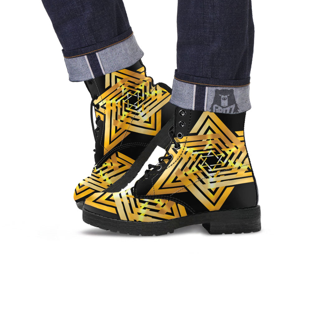 Star of David Gold And Black Print Leather Boots-grizzshop
