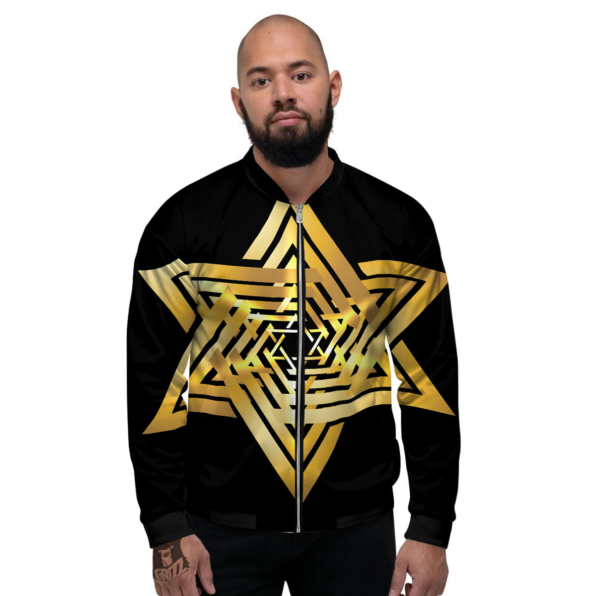 Star of David Gold And Black Print Men's Bomber Jacket-grizzshop