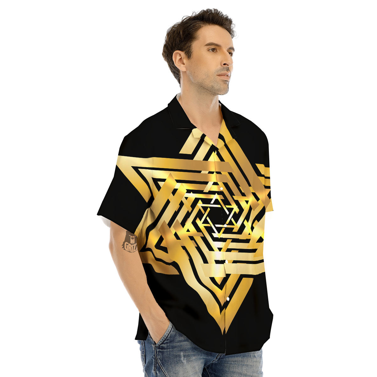 Star of David Gold And Black Print Men's Hawaiian Shirt-grizzshop