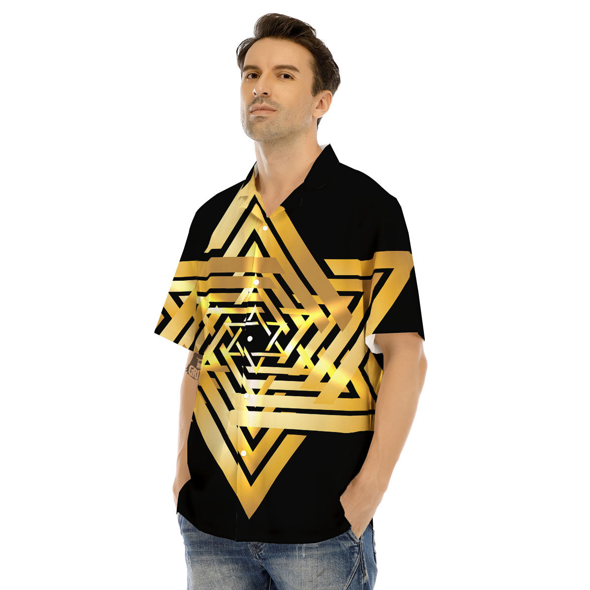 Star of David Gold And Black Print Men's Hawaiian Shirt-grizzshop