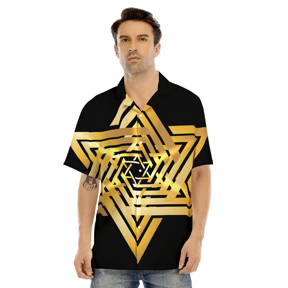 Star of David Gold And Black Print Men's Hawaiian Shirt-grizzshop