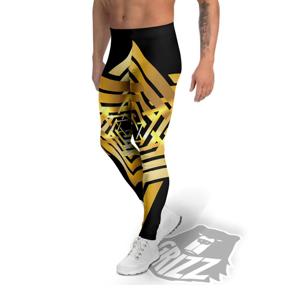 Star of David Gold And Black Print Men's Leggings-grizzshop