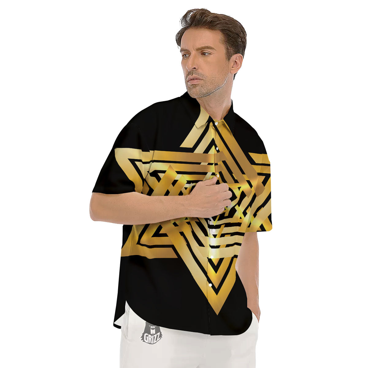 Star of David Gold And Black Print Men's Short Sleeve Shirts-grizzshop
