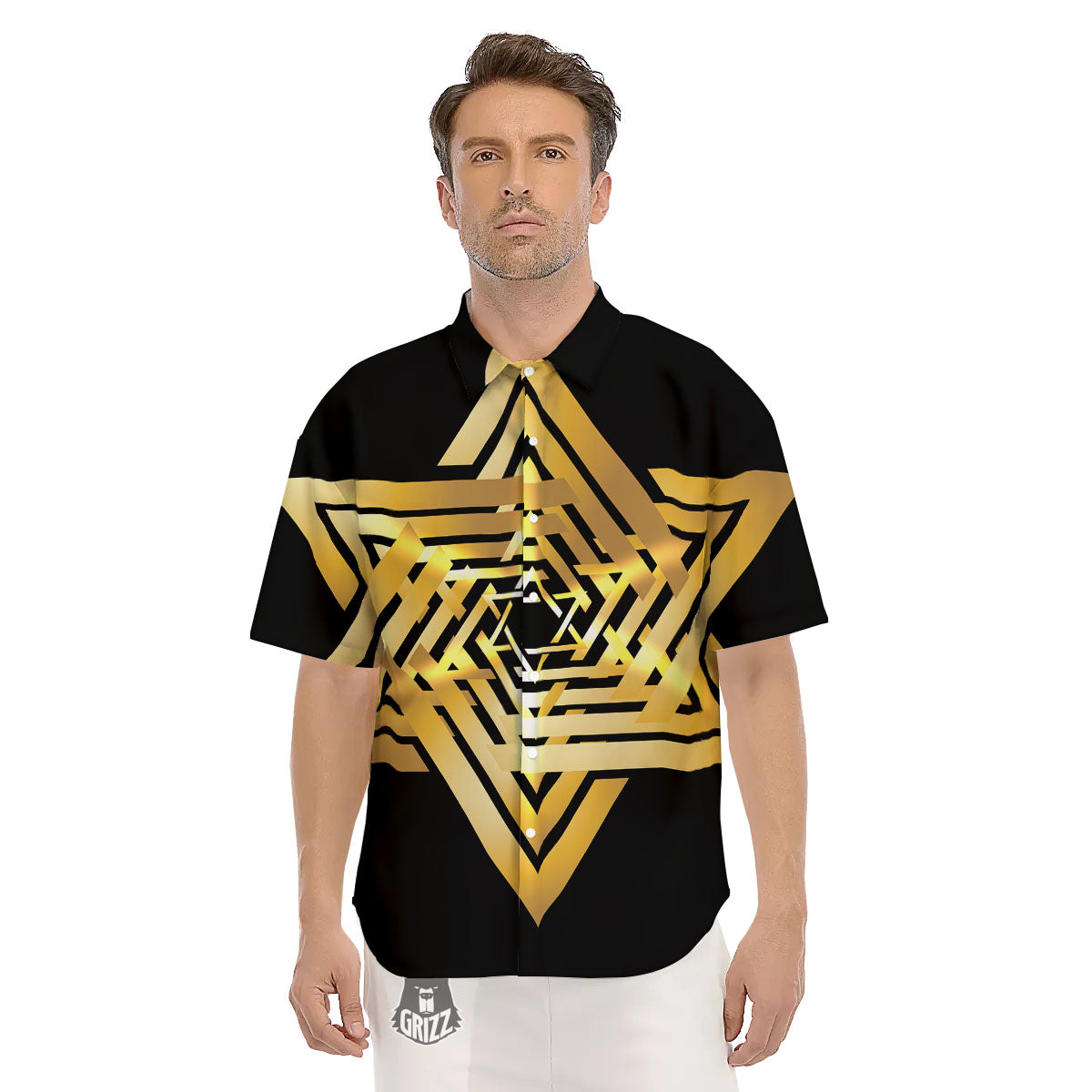 Star of David Gold And Black Print Men's Short Sleeve Shirts-grizzshop
