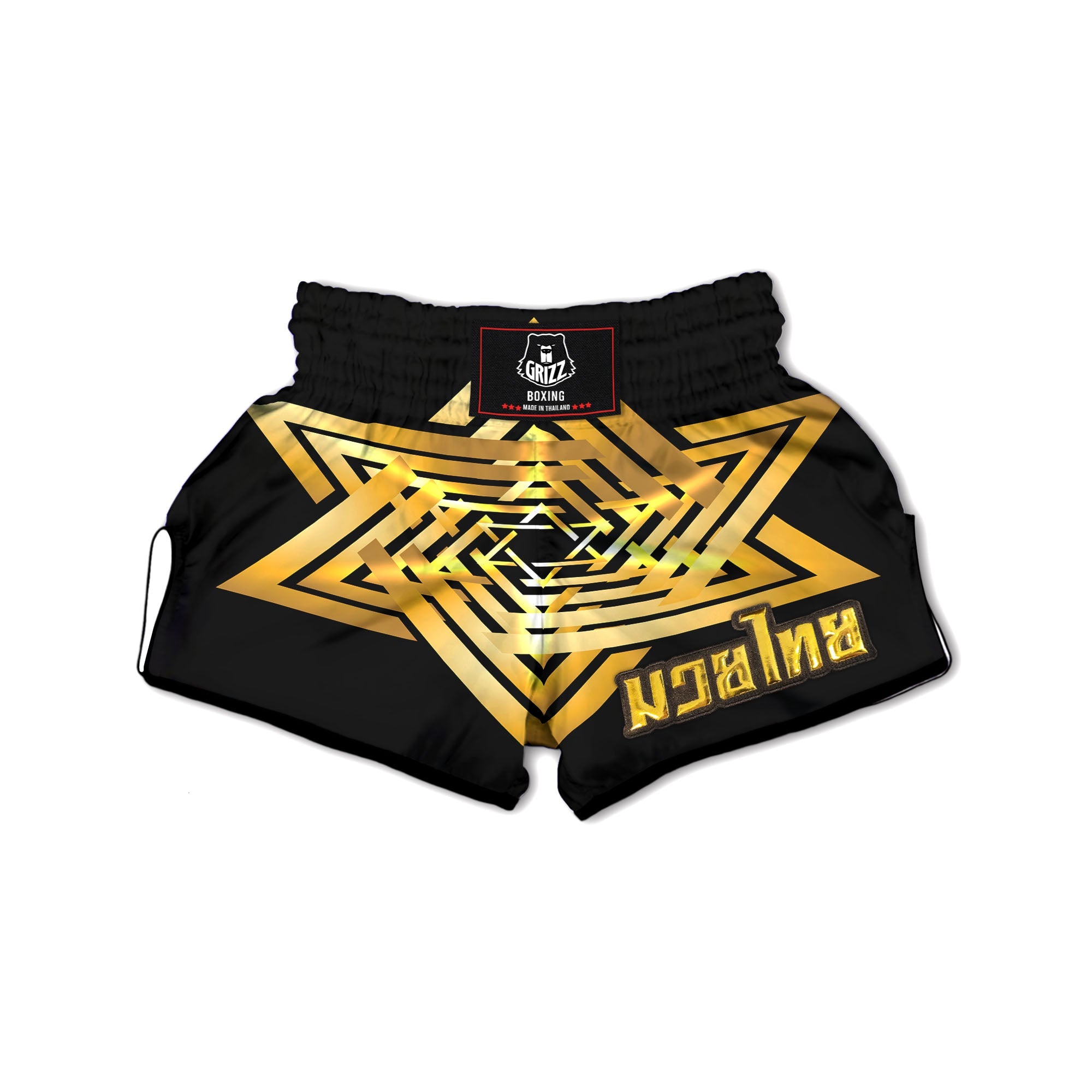 Star of David Gold And Black Print Muay Thai Boxing Shorts-grizzshop