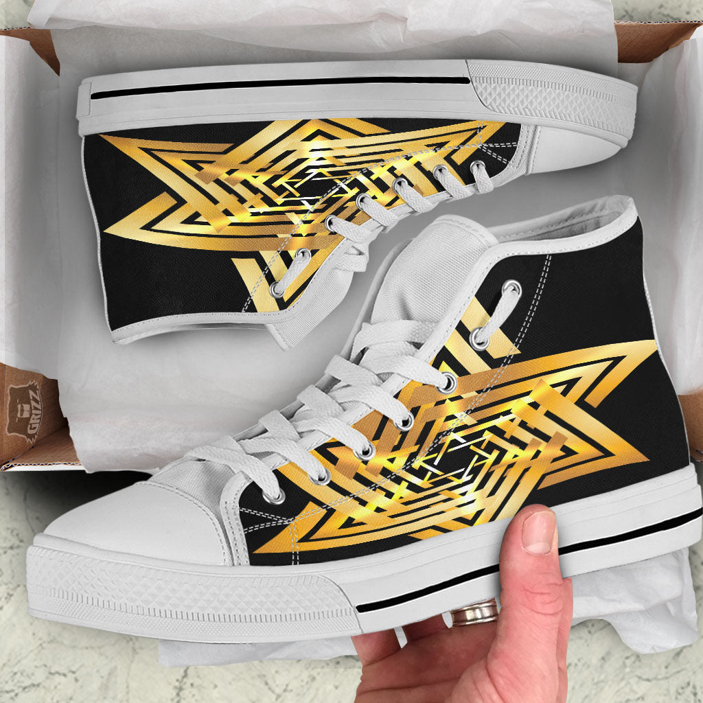 Star of David Gold And Black Print White High Top Shoes-grizzshop