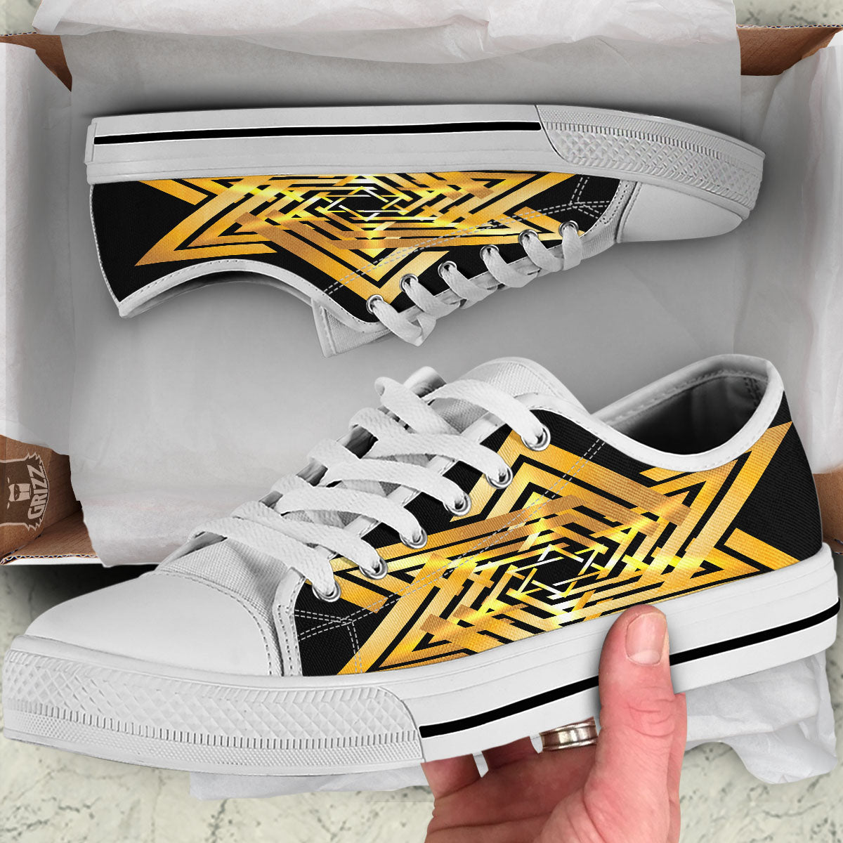 Star of David Gold And Black Print White Low Top Shoes-grizzshop