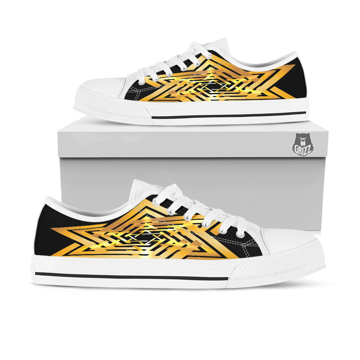 Star of David Gold And Black Print White Low Top Shoes-grizzshop