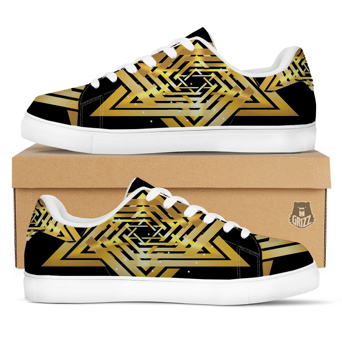 Star of David Gold And Black Print White Low Top Sneakers-grizzshop