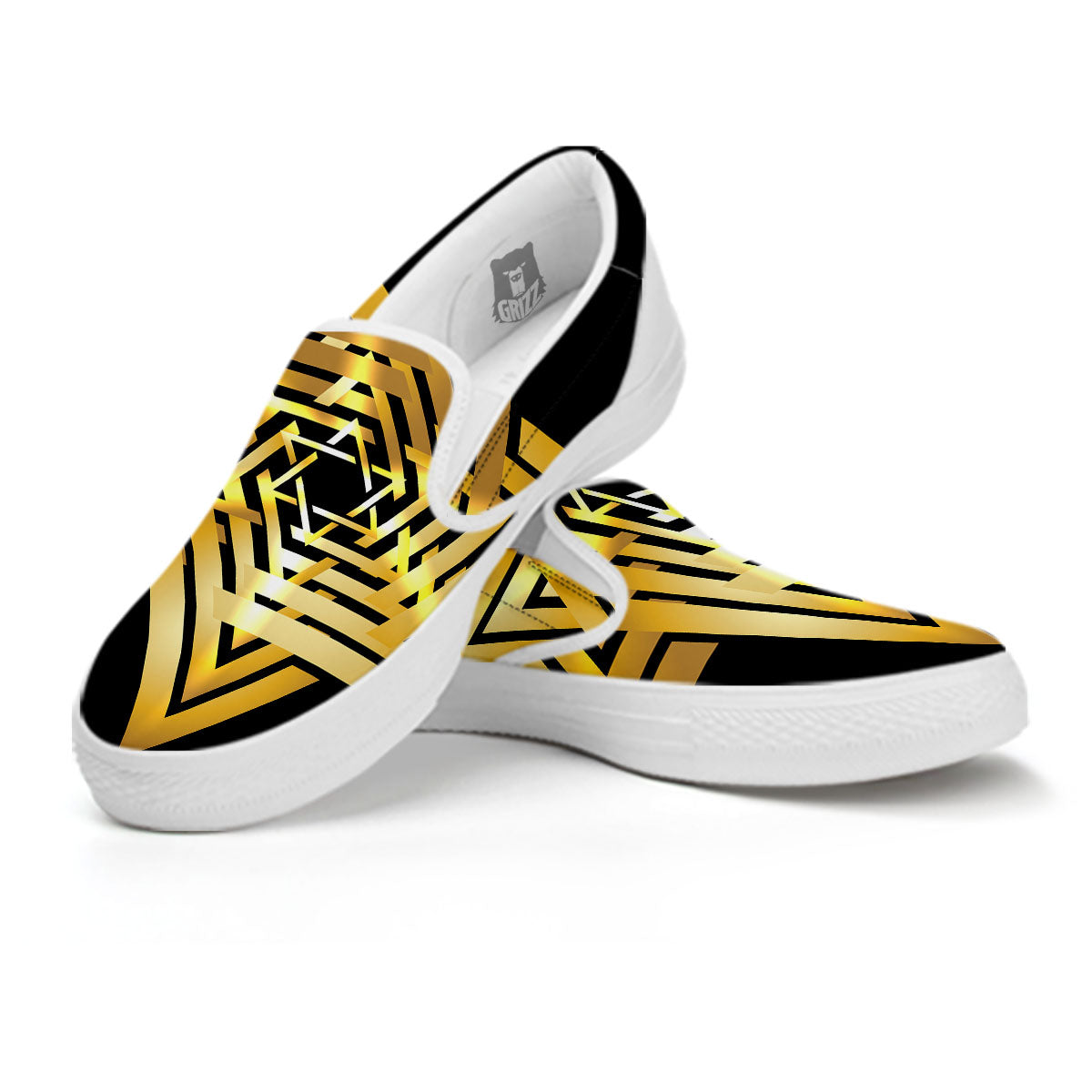 Star of David Gold And Black Print White Slip On Shoes-grizzshop