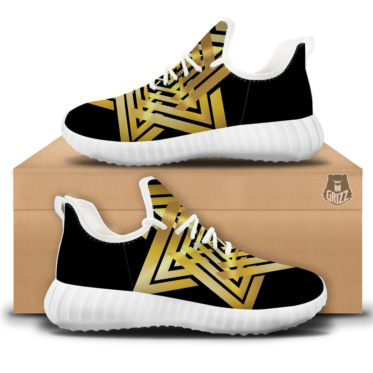 Star of David Gold And Black Print White Walking Shoes-grizzshop