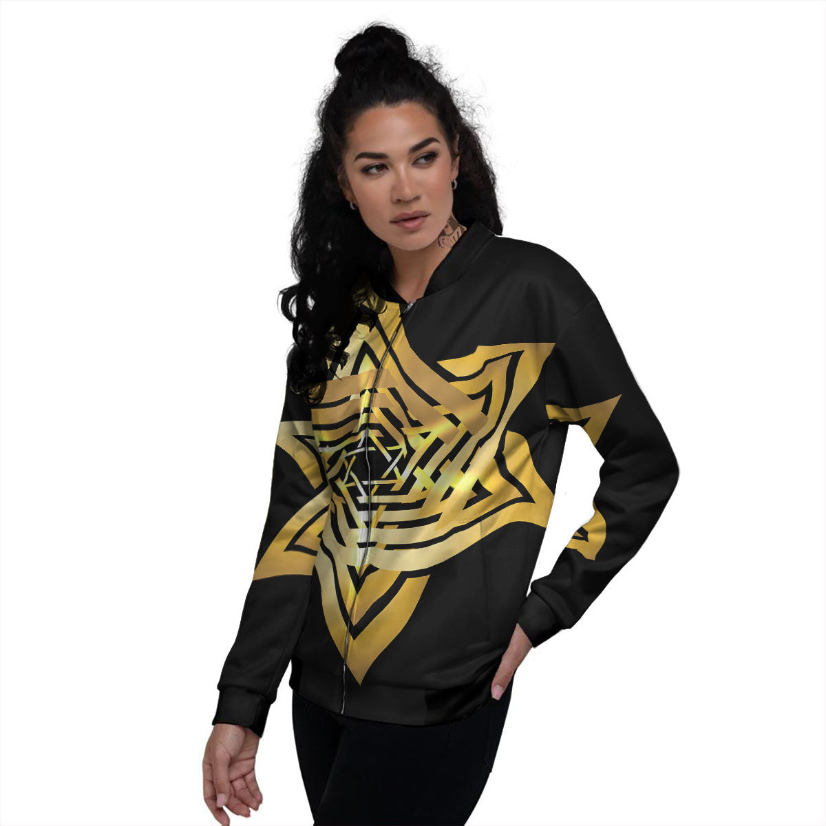 Star of David Gold And Black Print Women's Bomber Jacket-grizzshop