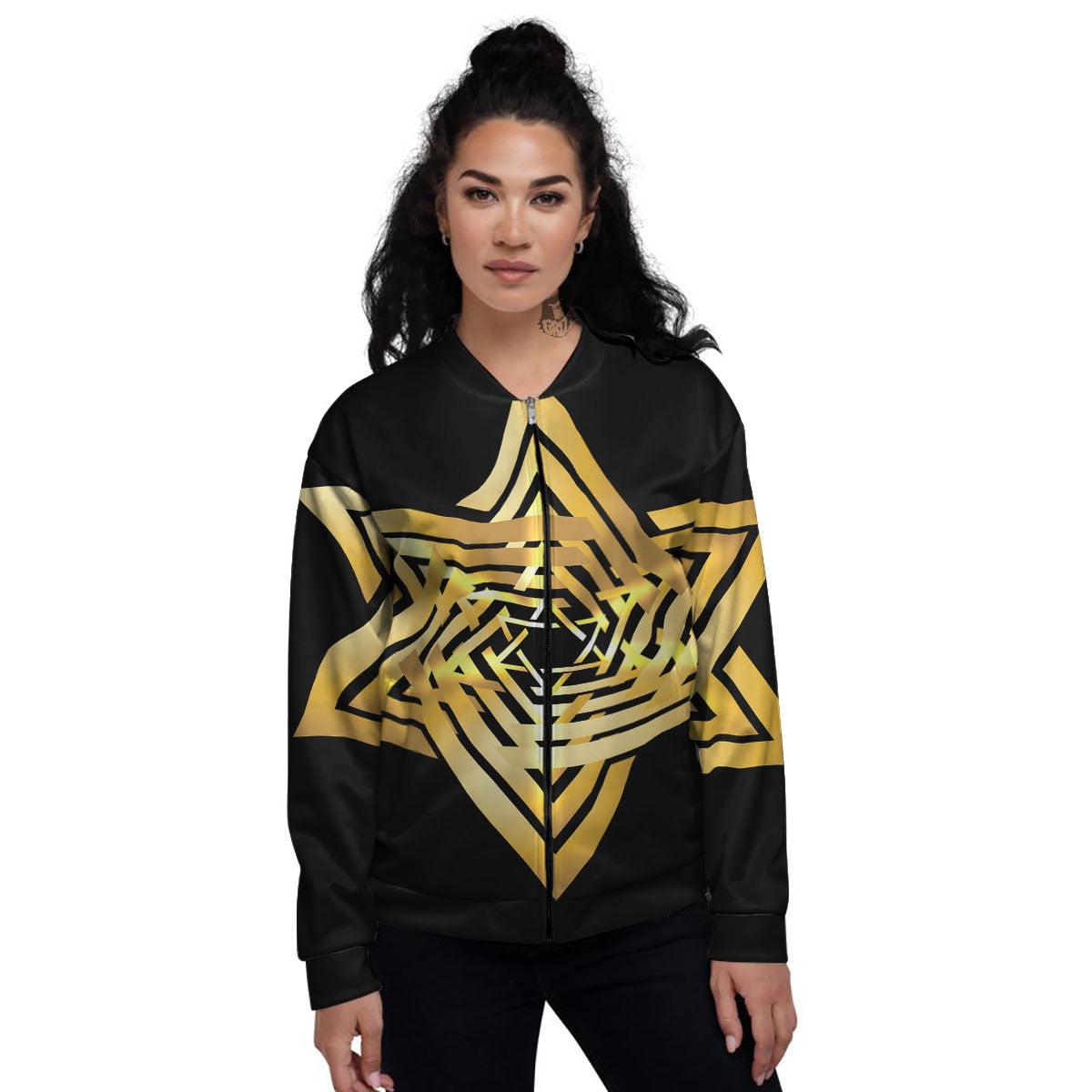 Star of David Gold And Black Print Women's Bomber Jacket-grizzshop