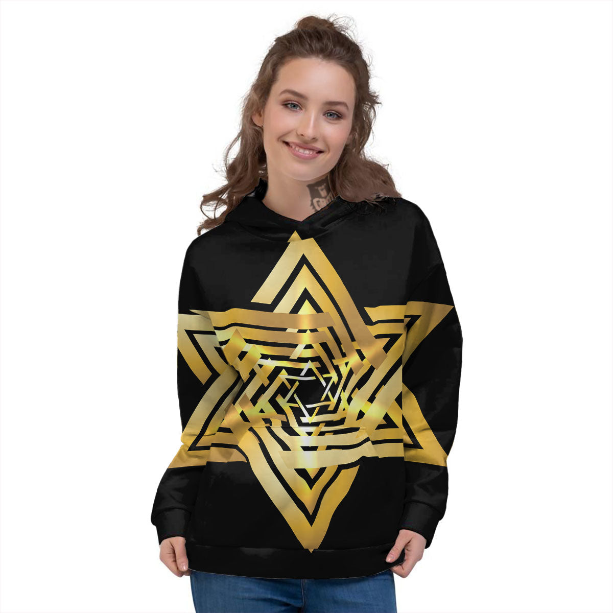 Star of David Gold And Black Print Women's Hoodie-grizzshop