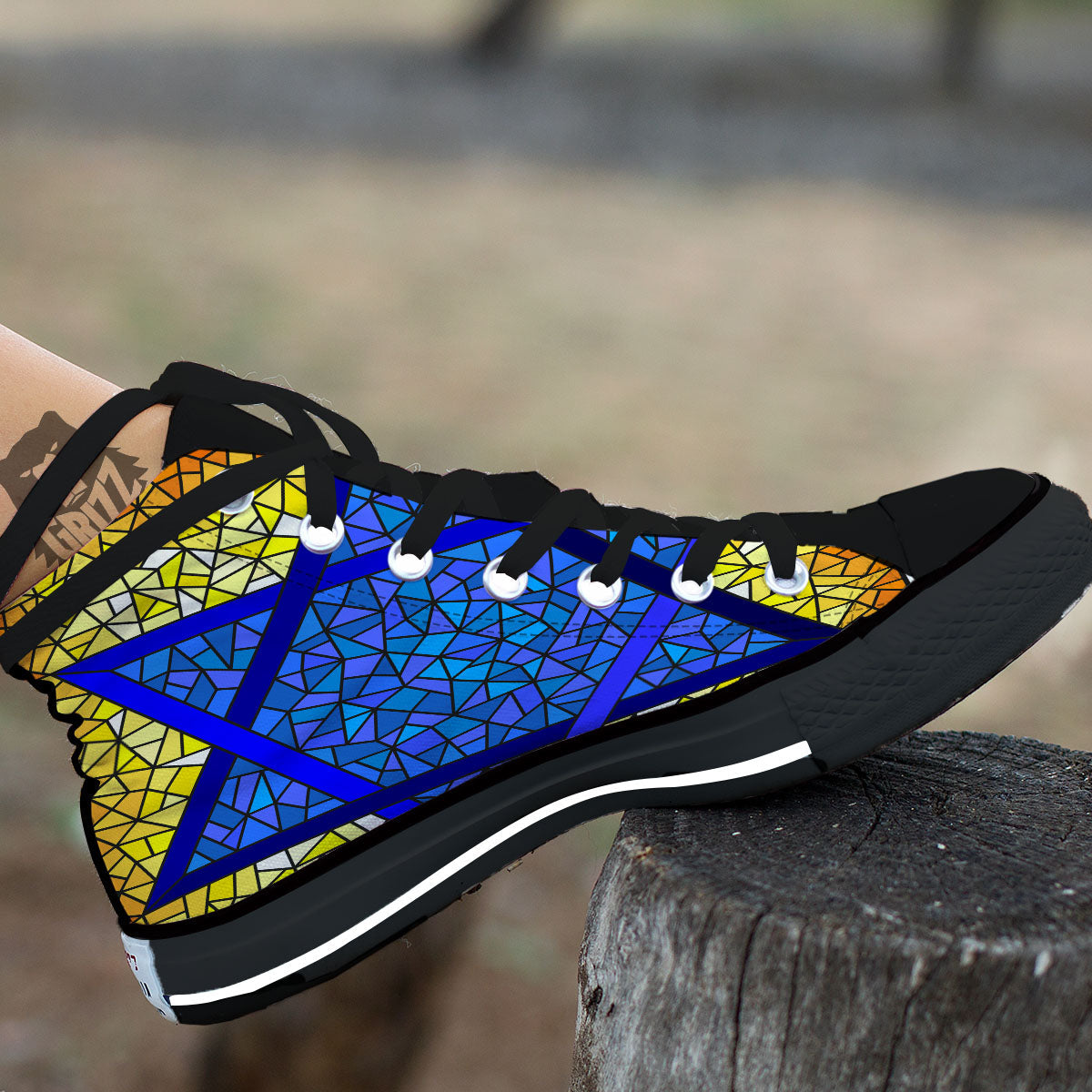 Star of David Stained Glass Print Black High Top Shoes-grizzshop