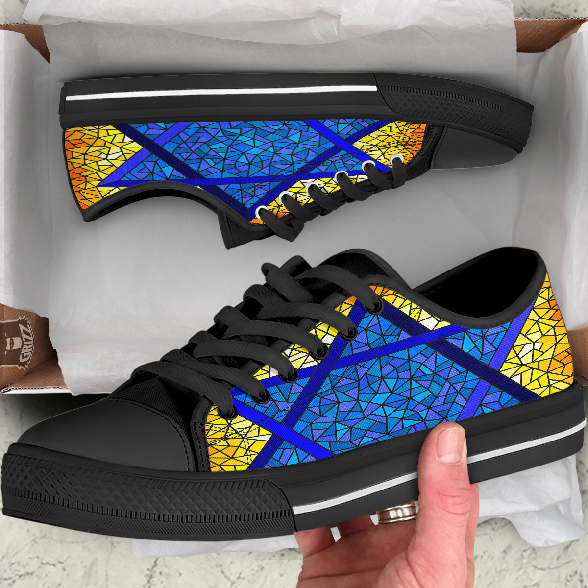 Star of David Stained Glass Print Black Low Top Shoes-grizzshop
