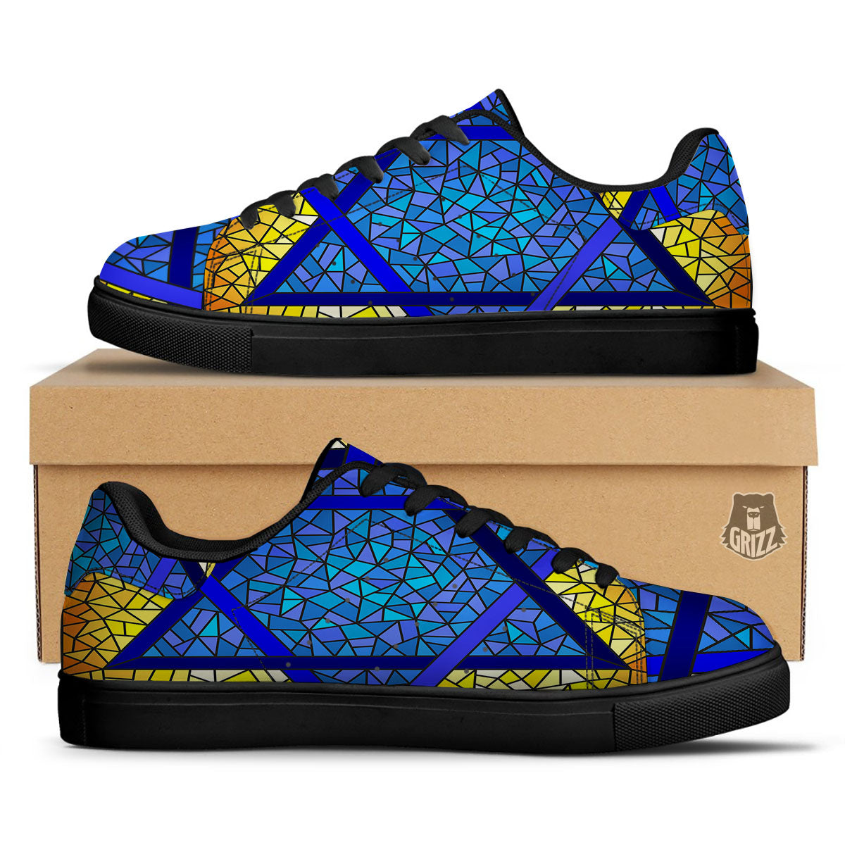 Star of David Stained Glass Print Black Low Top Sneakers-grizzshop