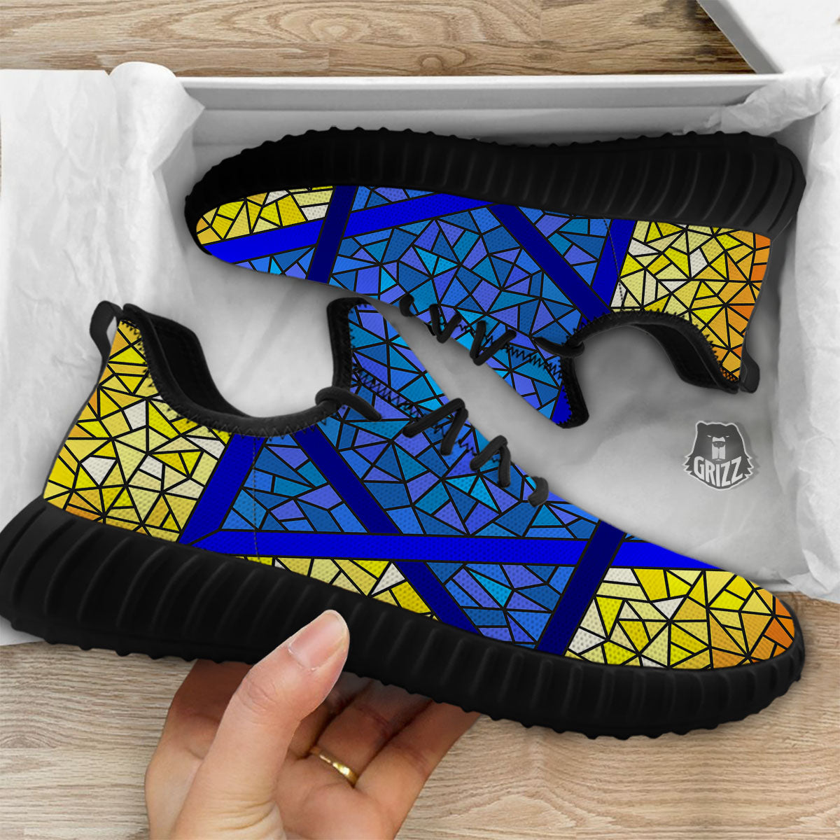 Star of David Stained Glass Print Black Walking Shoes-grizzshop