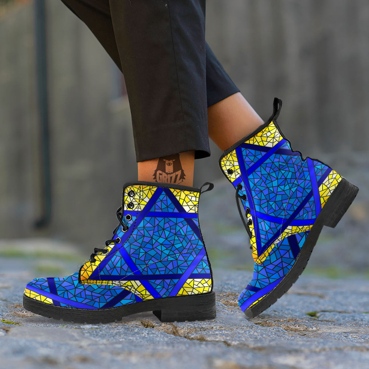 Star of David Stained Glass Print Leather Boots-grizzshop