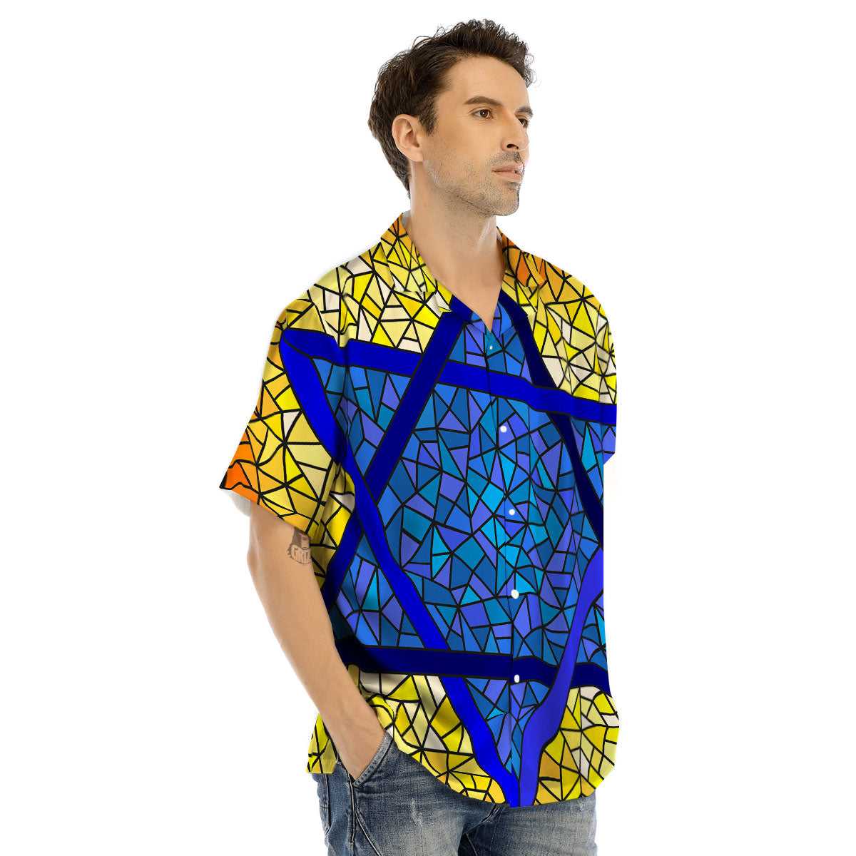 Star of David Stained Glass Print Men's Hawaiian Shirt-grizzshop